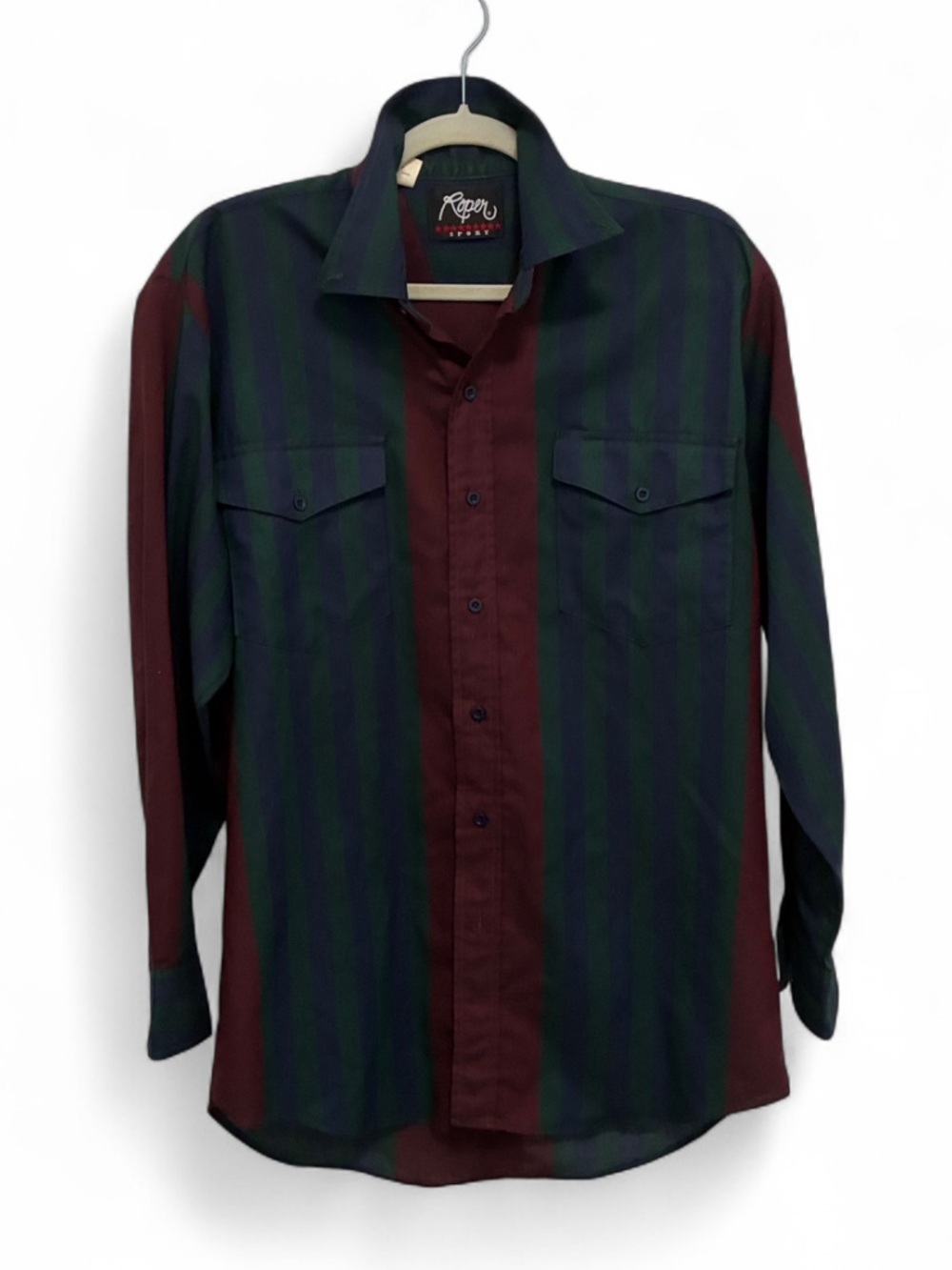 Vintage Roper Striped Long Sleeve Button-Down Shirt - Burgundy Blue & Dark Green